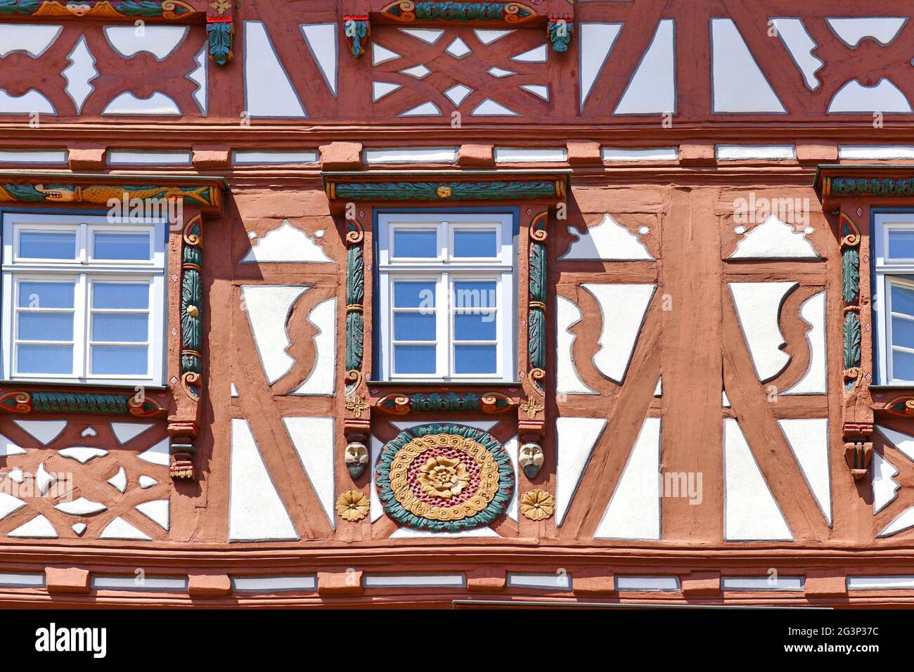 Mosbach, Germany - June 2021: Part of facade of old historic timber framing building called 'Palmsche Haus' built in 1610 Stock Photo