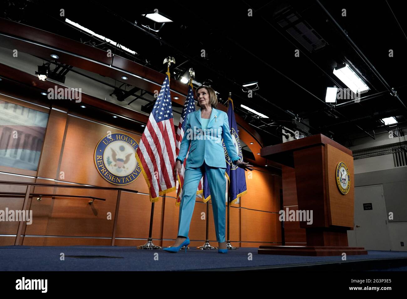 U.S. House Speaker Nancy Pelosi (D-CA) departs after a weekly press conference on Capitol Hill in Washington on June 17, 2021. Photo by Yuri Gripas/ABACAPRESS.COM Stock Photo