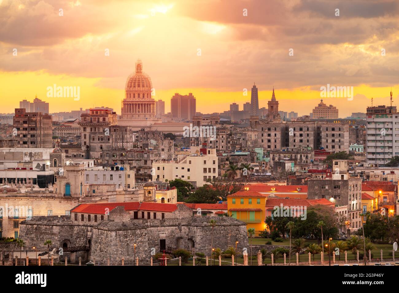Havana, Cuba downtown skyline and Capitollo at dusk. Stock Photo