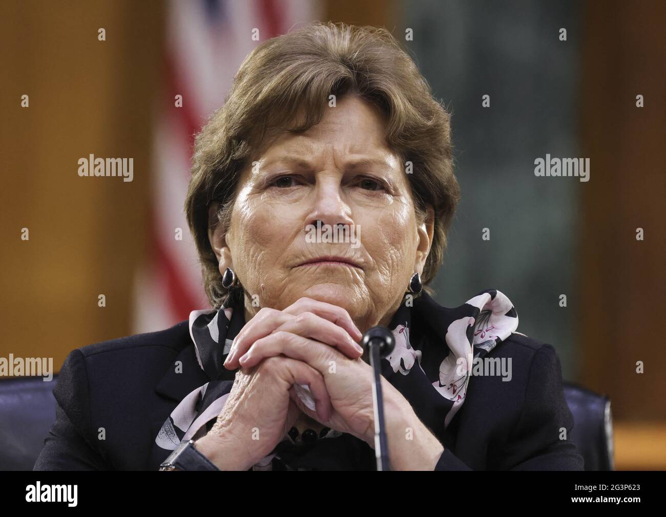 U.S. Senator Jeanne Shaheen (D-NH) listens during a Senate Appropriations Committee hearing on the defense departmentâÂ€Â™s budget request on Capitol Hill in Washington, U.S., June 17, 2021. Photo by Evelyn Hockstein/Pool/ABACAPRESS.COM Stock Photo