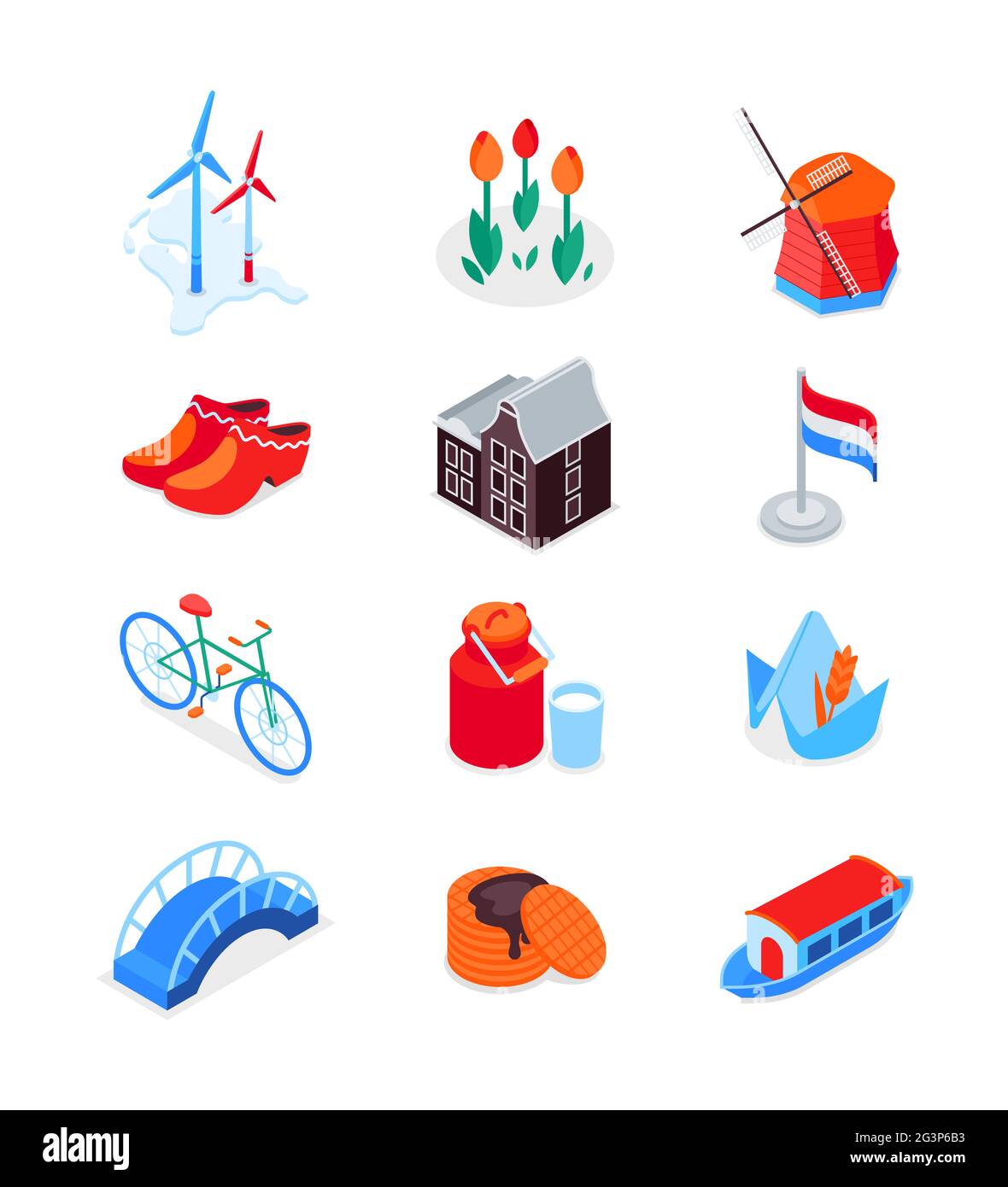 Dutch symbols - modern colorful isometric icons set. Culture and traditions of Netherlands. Windmill, agriculture, flag, clogs, flowers, bicycle, Amst Stock Vector