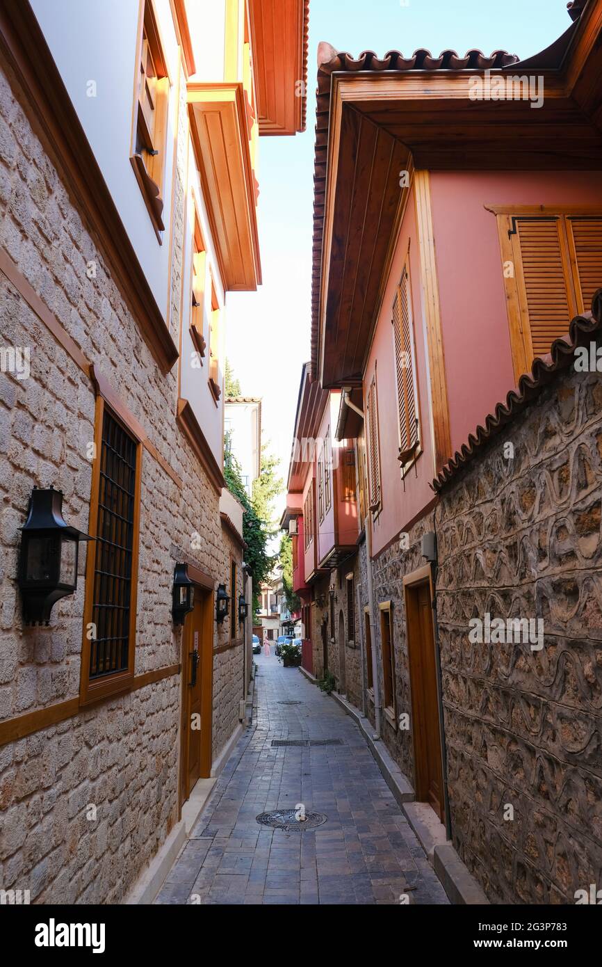 A beautiful street of historic Turkish Houses of old town at Antalya