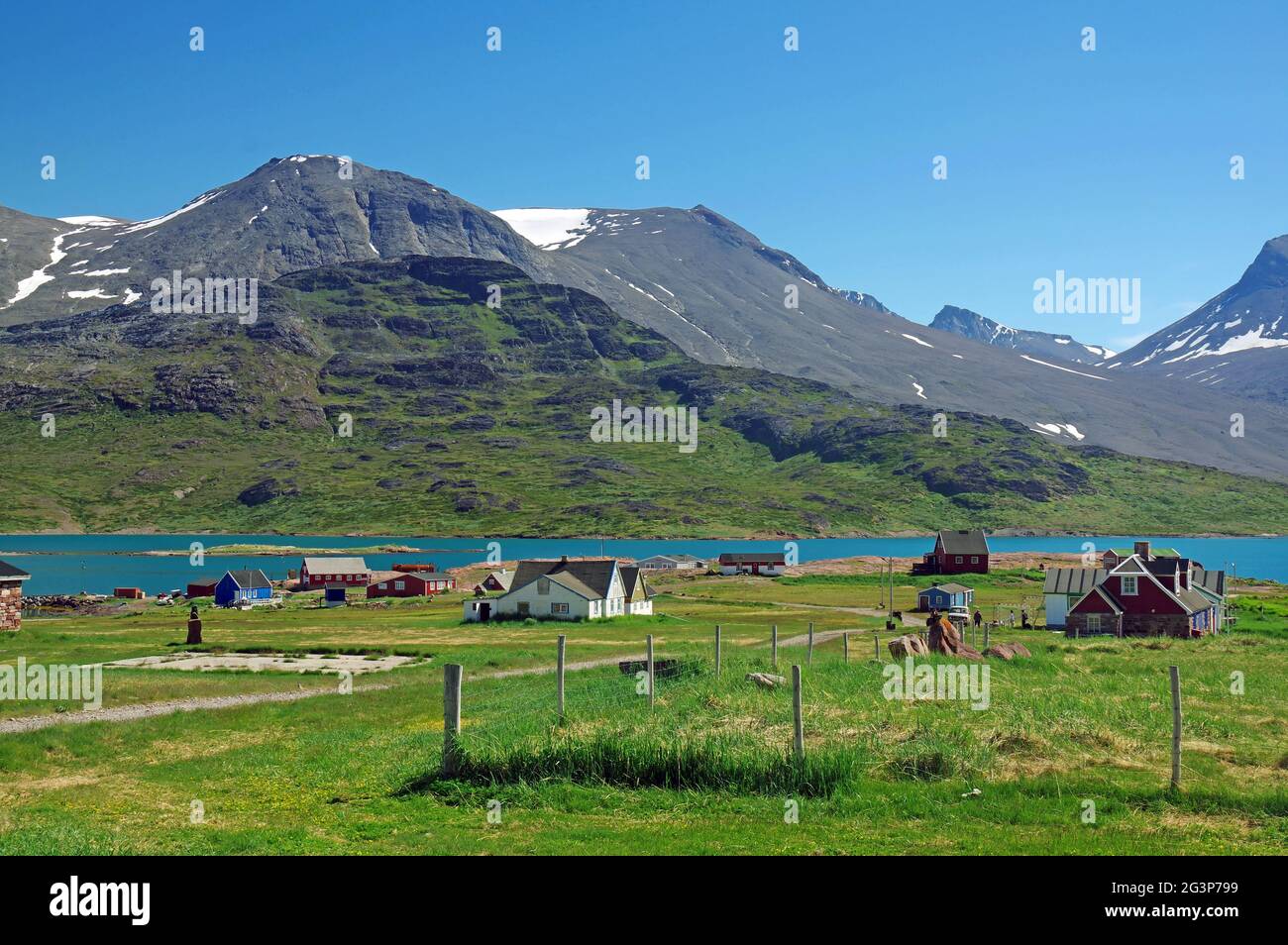 Green farming country in southern greenland Stock Photo