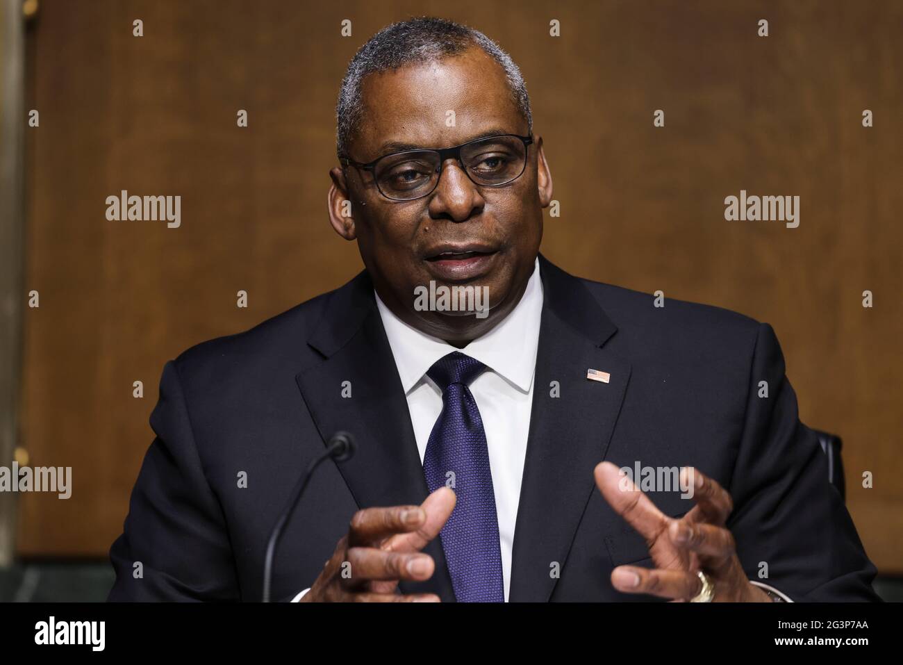 United States Secretary of Defense Lloyd J. Austin III testifies on the defense department's budget request during a US Senate Appropriations Committee hearing on Capitol Hill in Washington, U.S., June 17, 2021. Credit: Evelyn Hockstein/Pool via CNP /MediaPunch Stock Photo