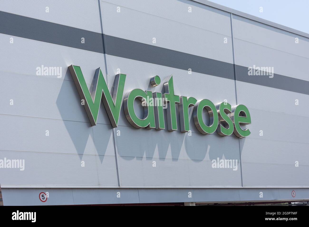 Waitrose Supermarket sign, Bridge Street, Uttoxeter, Staffordshire, England, United Kingdom Stock Photo