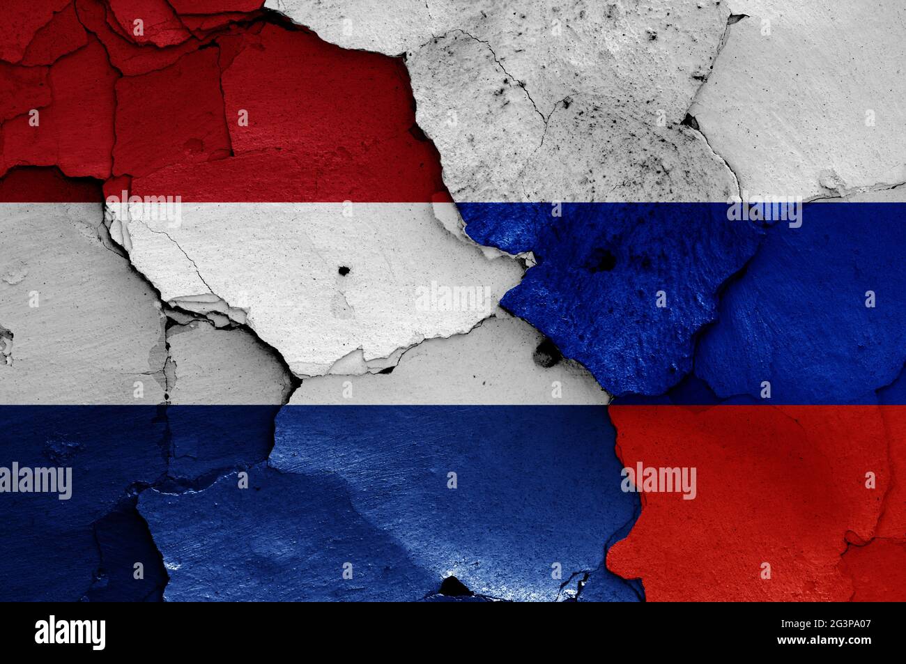 flags of Netherlands and Russia painted on cracked wall Stock Photo - Alamy