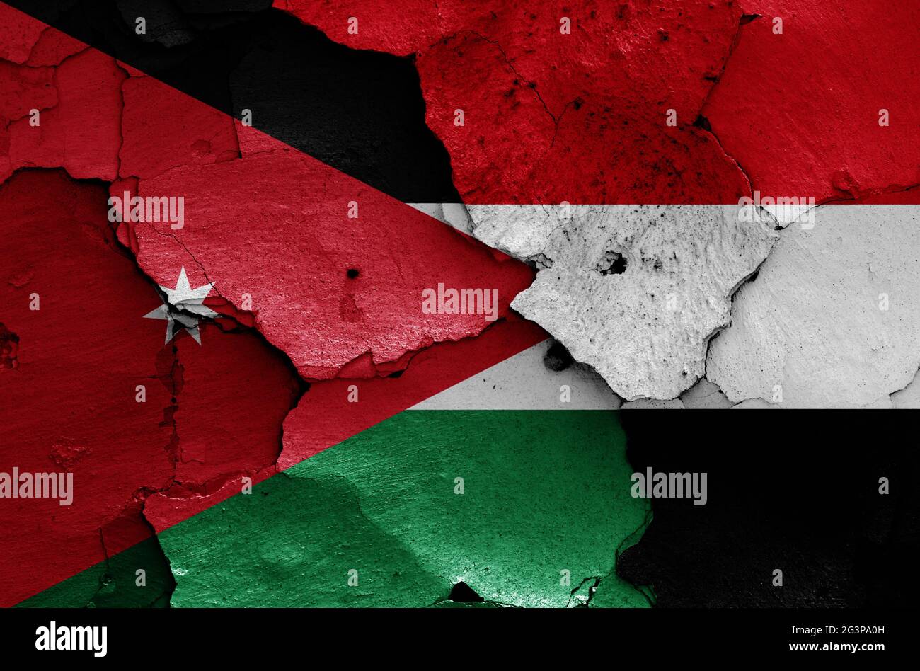 flags of Jordan and Yemen painted on cracked wall Stock Photo - Alamy