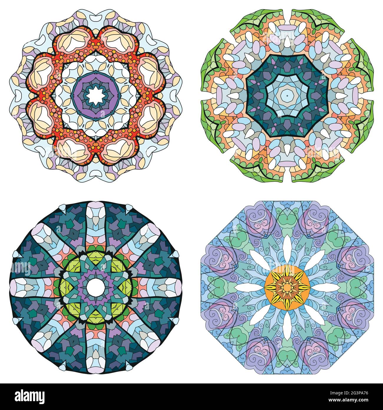 Hand-painted art design. Color hand drawn illustration set of 4 mandalas for decoration Stock Vector