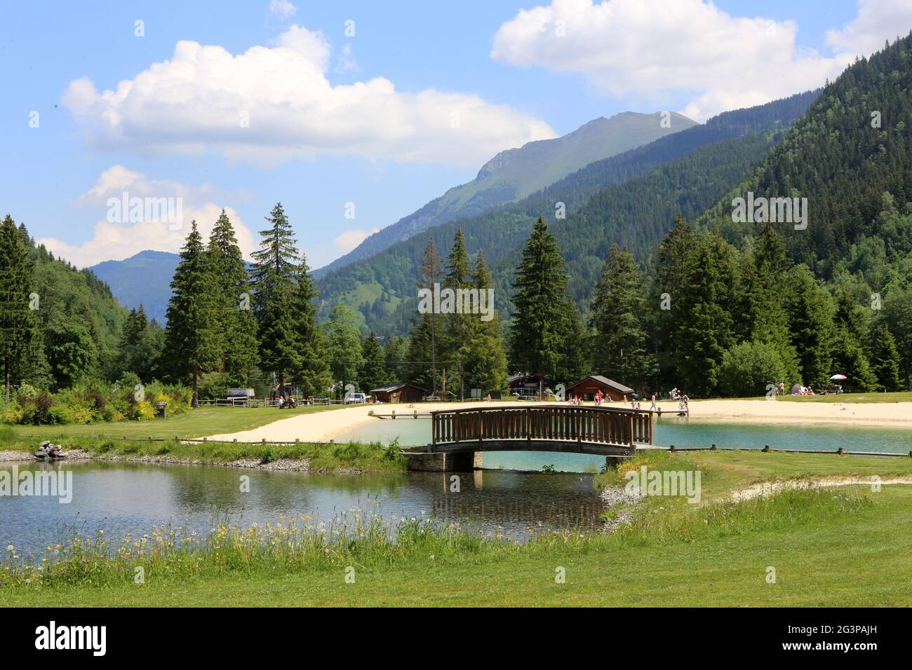 Lac de pêche et lac de baignade du Pontet. Les Contamines-Montjoie. Haute-Savoie. Auvergne-Rhône-Alpes. France. Stock Photo