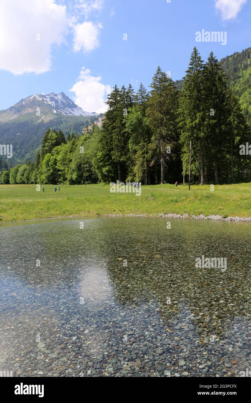 Lac de pêche de du Pontet. Les Contamines-Montjoie. Haute-Savoie. Auvergne-Rhône-Alpes. France. Stock Photo