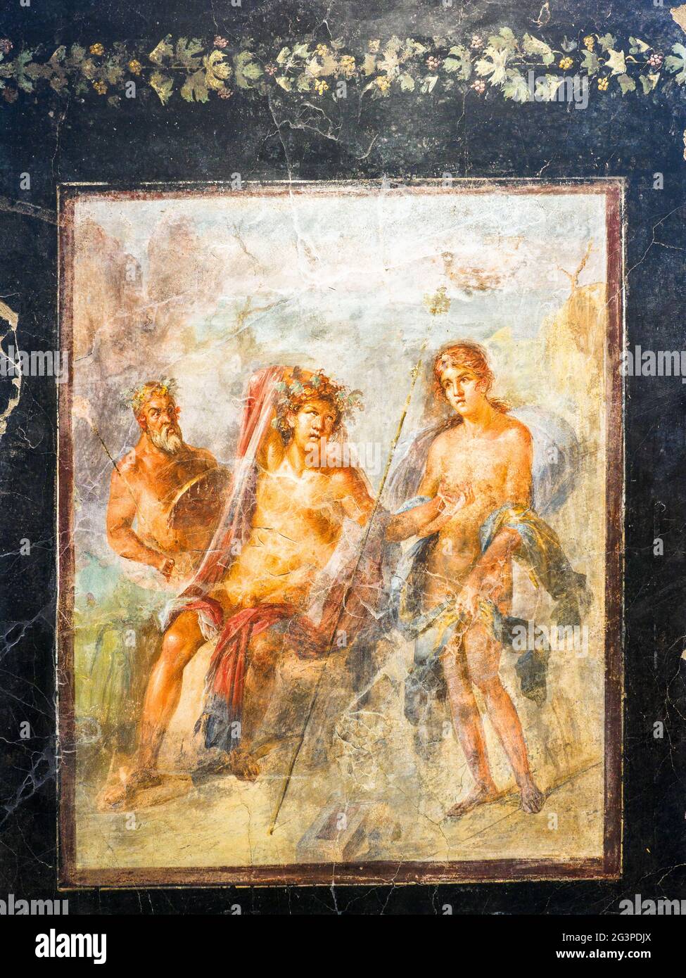 Decorative fresco depicting Dionysus and Ariadne in Naxos (period of Nero (54-68 AD) - Pompeii archaeological site, Italy Stock Photo