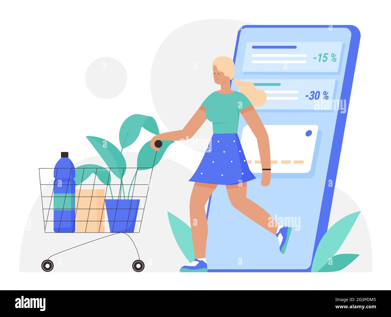 Online shopping, ecommerce vector illustration. Cartoon woman customer character buying in grocery store on big smartphone screen, using shop app digital technology for shopping isolated on white Stock Vector