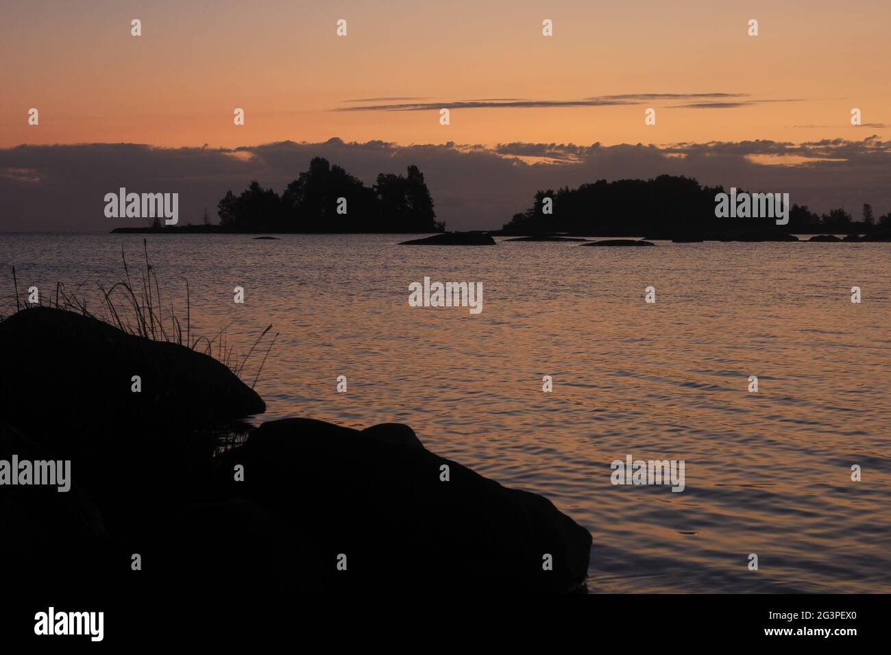 Sunrise scene at the shore of Lake Vanern. Stock Photo