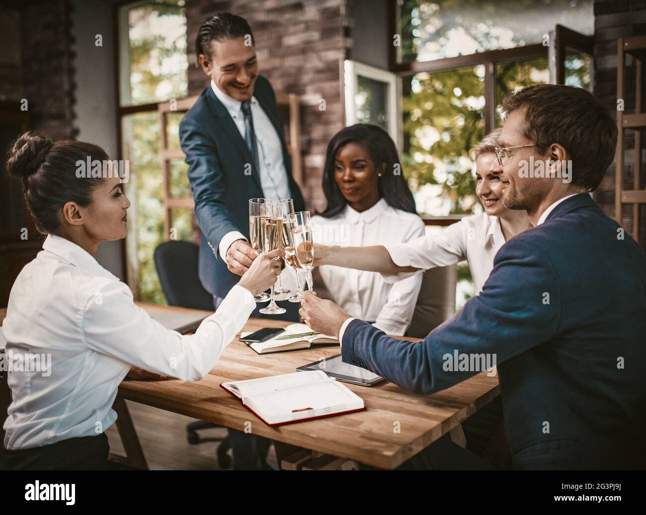 Business Event, Smiling Office People holding Glasses With Alcohol ...