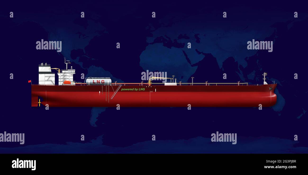 A Suezmax crude oil tanker, LNG ready, with LNG tank on deck, navy blue world map in the background Stock Photo