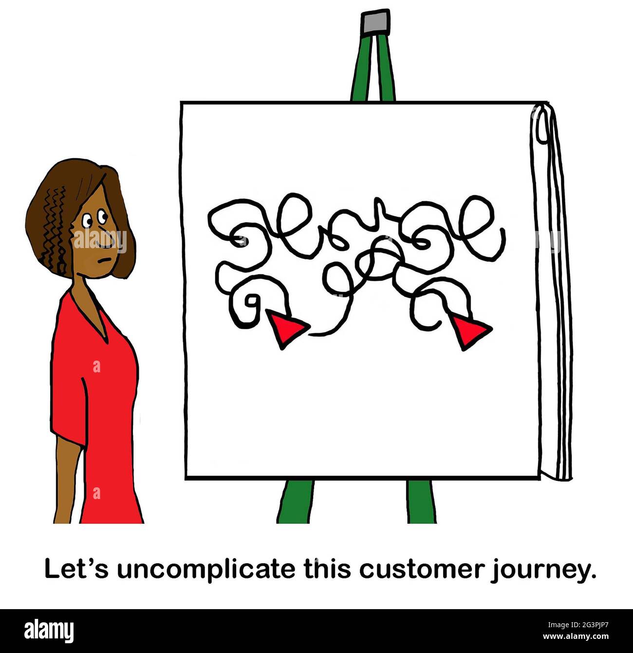 A red arrow goes through complicated path to represent a customer journey Stock Photo