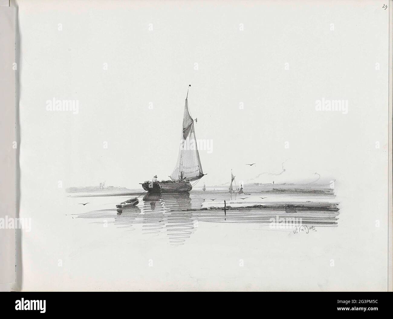 Macred sailing boat on a calm sea. Leaf 29 Recto from a sketchbook with 46  sheets Stock Photo - Alamy