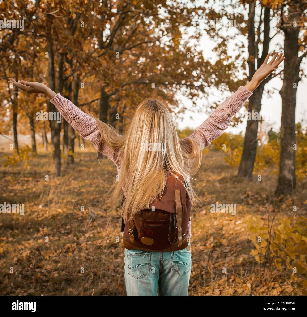 Rear View Of Happy Blonde With Arms Raised In Autumn Forest Stock Photo