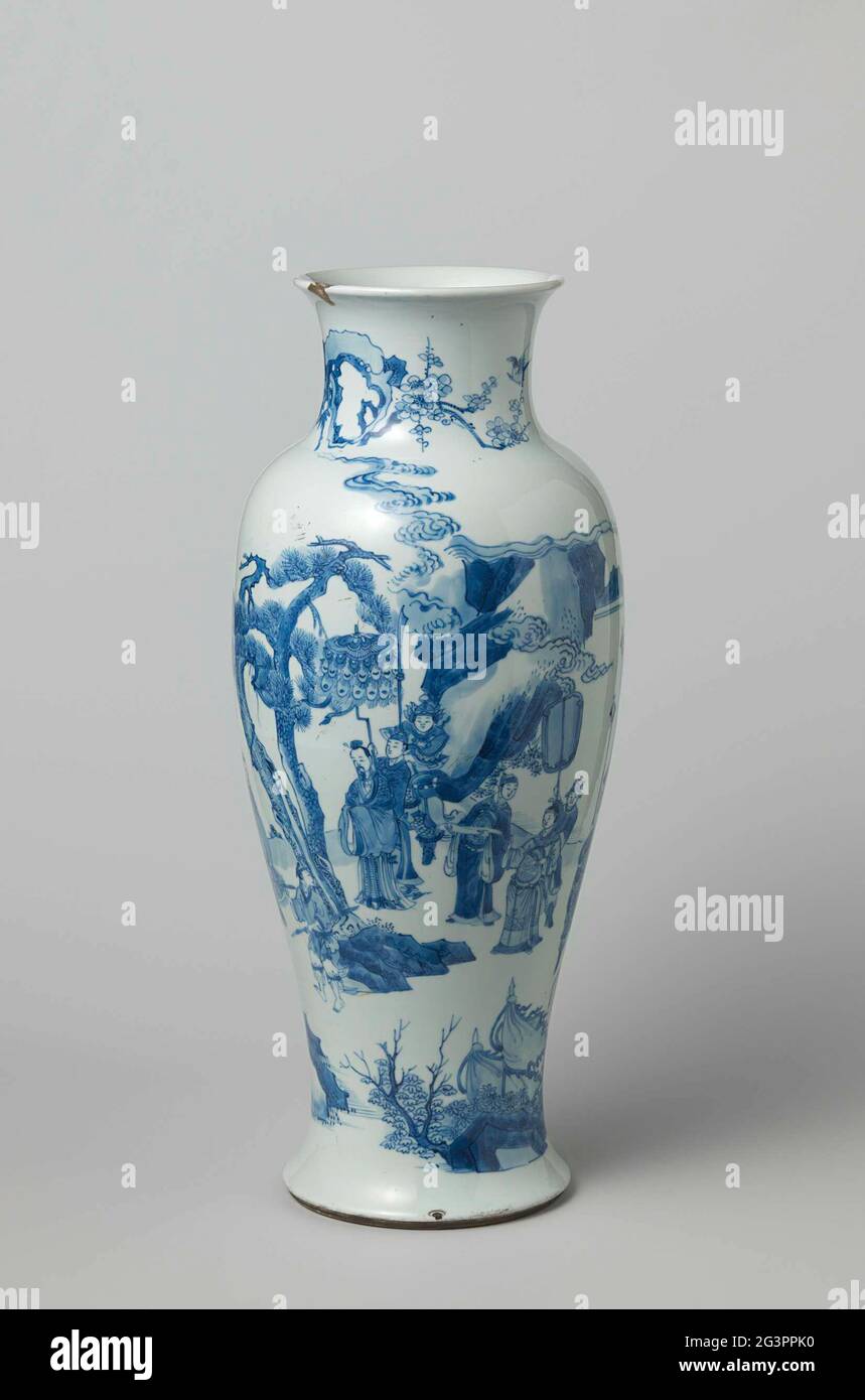 Baluster Vase With Figures in a Continuous Landscape. Baluster-shaped vase  of porcelain, painted in underglaze blue. On the wall a continuous river  landscape with various people: the encounter of a highworthiness and