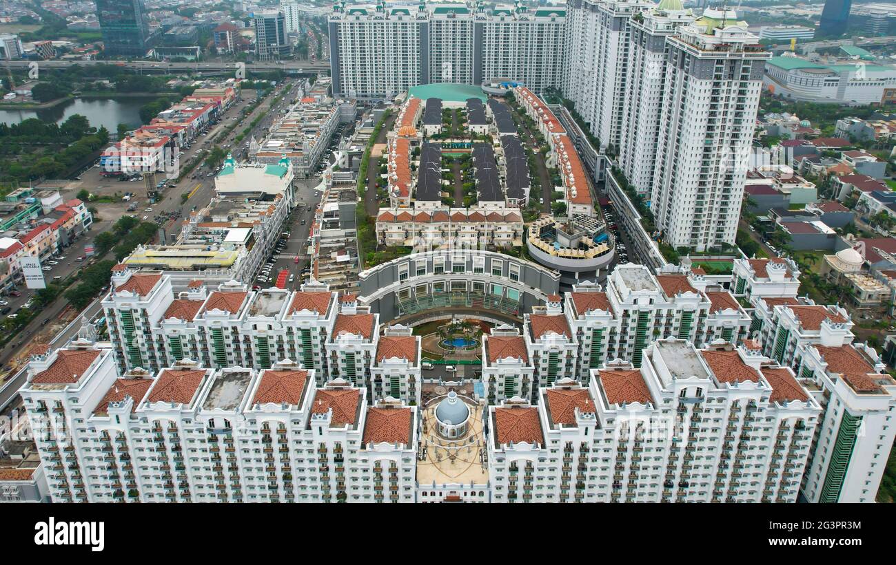 Aerial view of new green urban landscape in the city. Cityscape of a