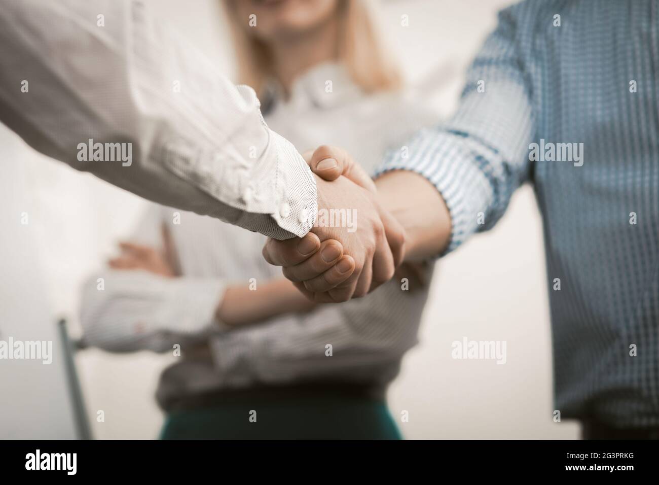 Handshake of businessmen. Two men in formalwear shaking hands in agreement at business meeting in office. Close up shot Stock Photo