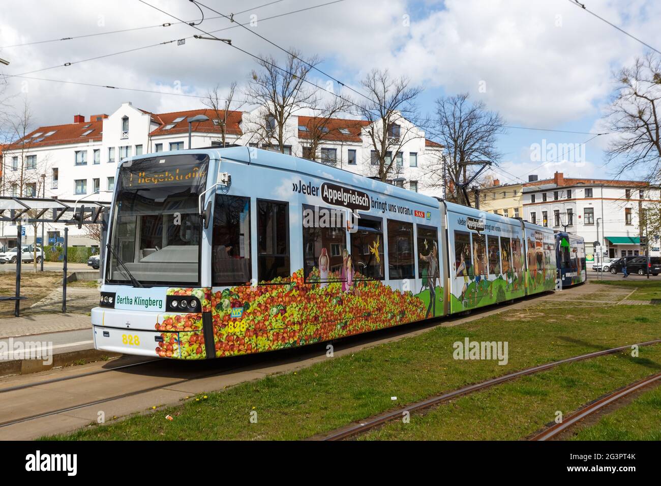 Schwerin, Germany - April 22, 2021: Tram public transport Platz der Freiheit station in Schwerin, Germany. Stock Photo