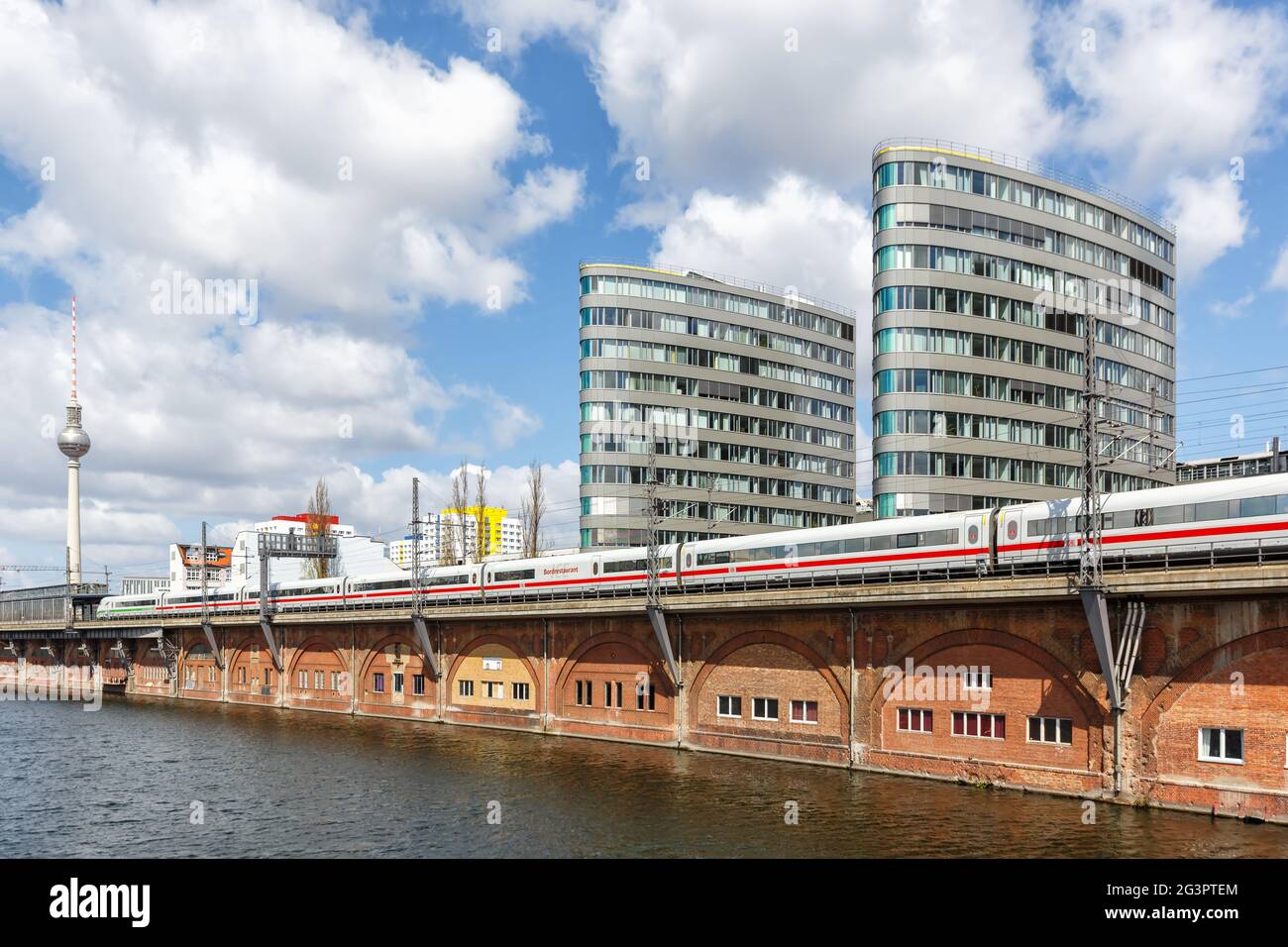 Berlin, Germany - April 23, 2021: ICE 2 high-speed train of Deutsche Bahn DB near Jannowitz bridge in Berlin, Germany. Stock Photo
