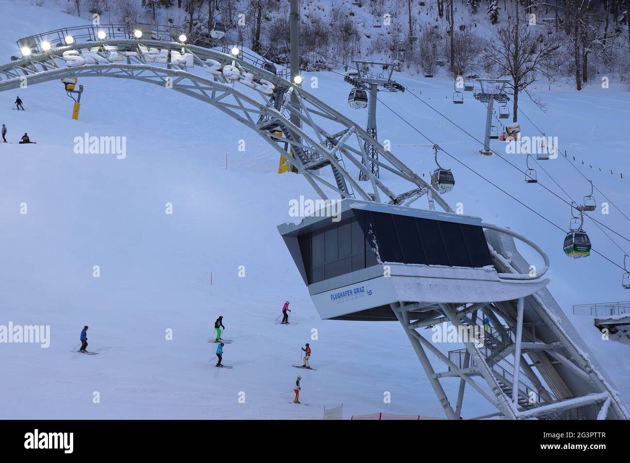 AUSTRIA, STYRIA, SCHLADMING - January 18, 2019: Skygate over the Planai ski stadium Stock Photo