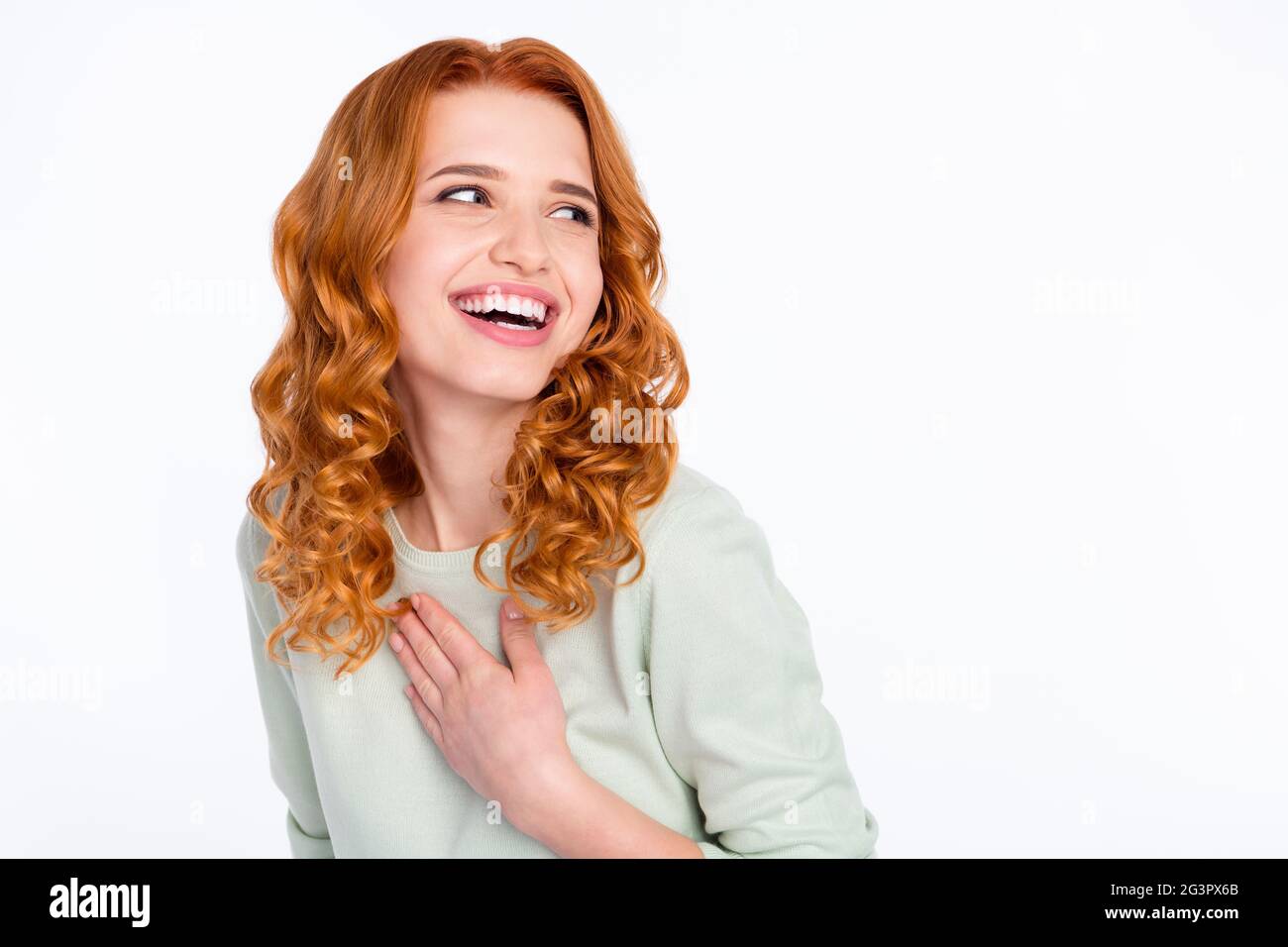 Photo of dreamy attractive pretty nice young woman look empty space