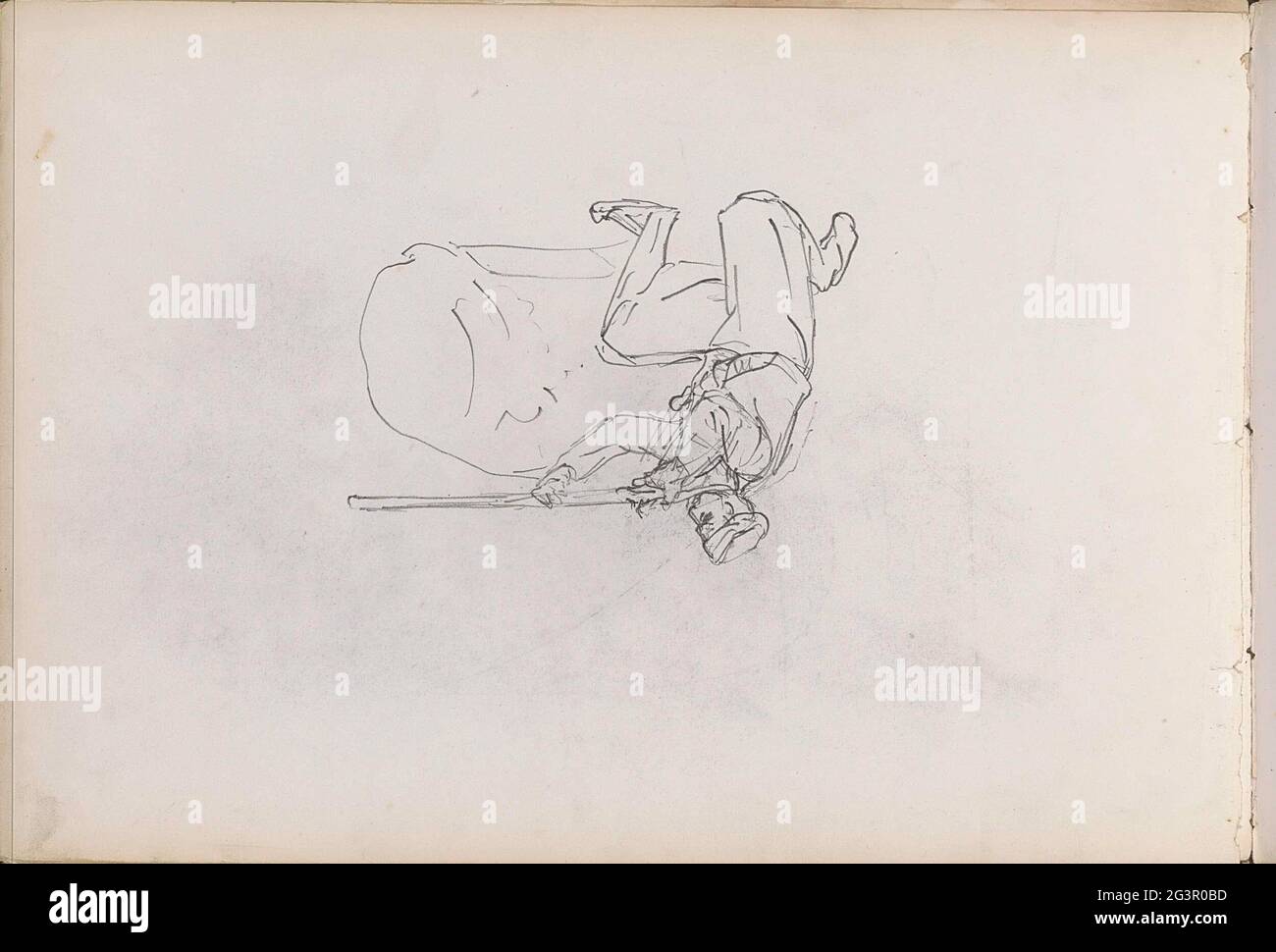 Kneeled soldier with a gun. Leaf 10 Verso from a sketchbook with 25 sheets. Stock Photo