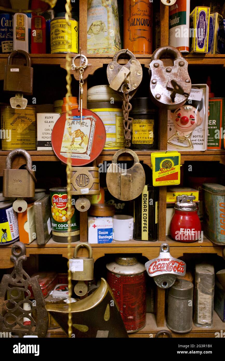 Antique locks and keys with other collectables in Antique Store in