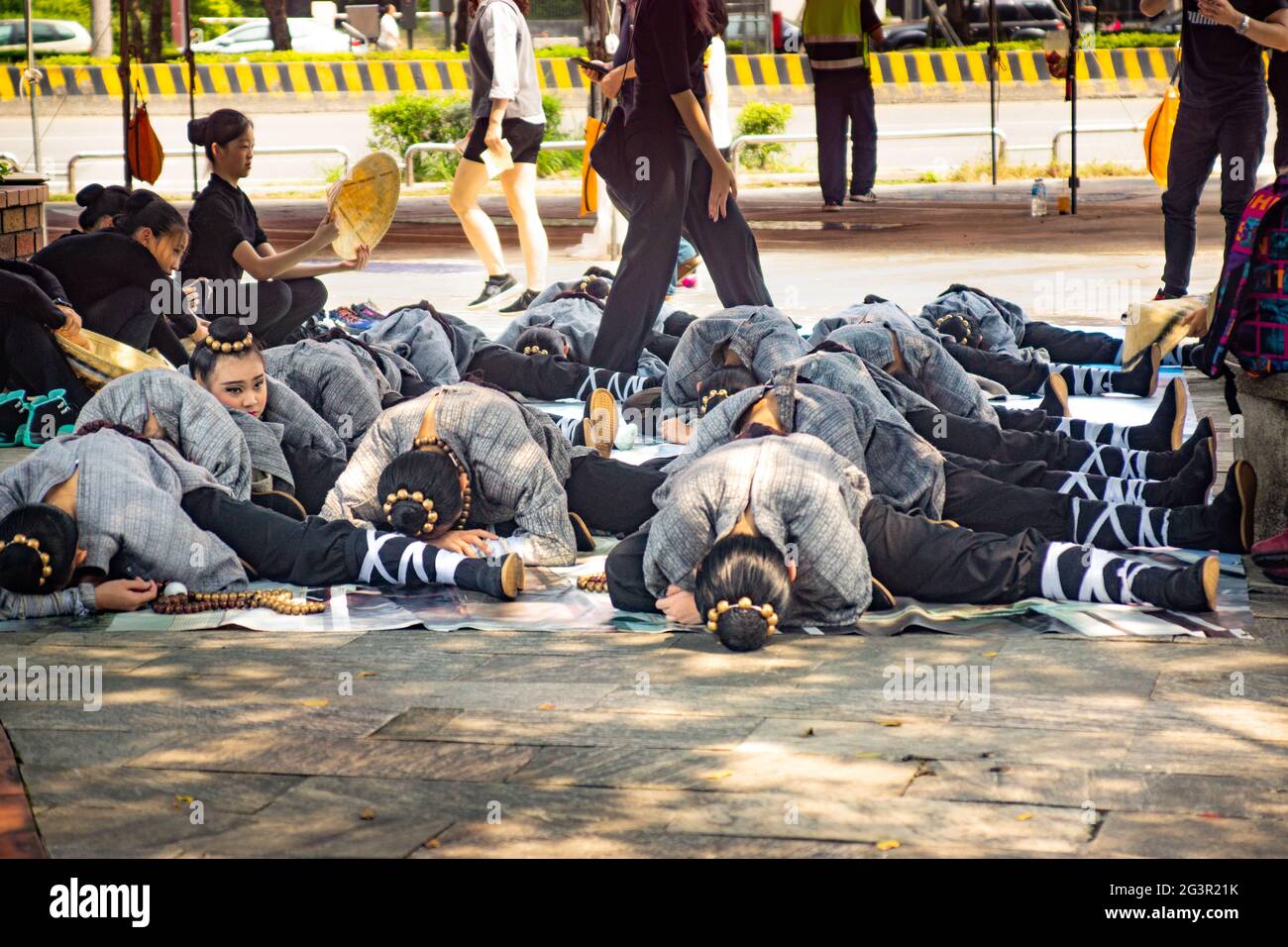 Taiwan-18.03.2018:The preparation to a dance competition. Girls are stretching Stock Photo