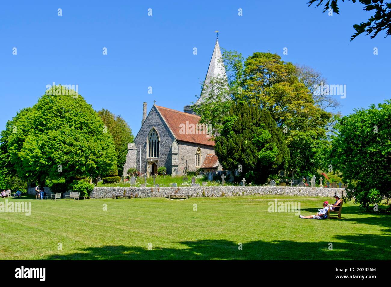Alfriston village green and St Andrews Church, East Sussex, UK Stock Photo
