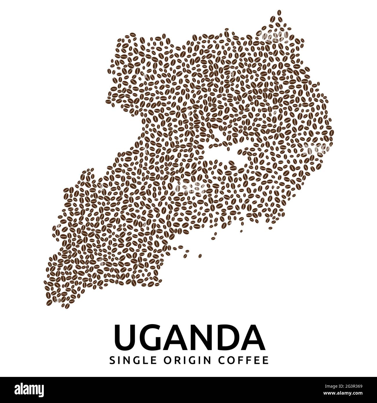 Shape of Uganda map made of scattered coffee beans, country name below Stock Vector