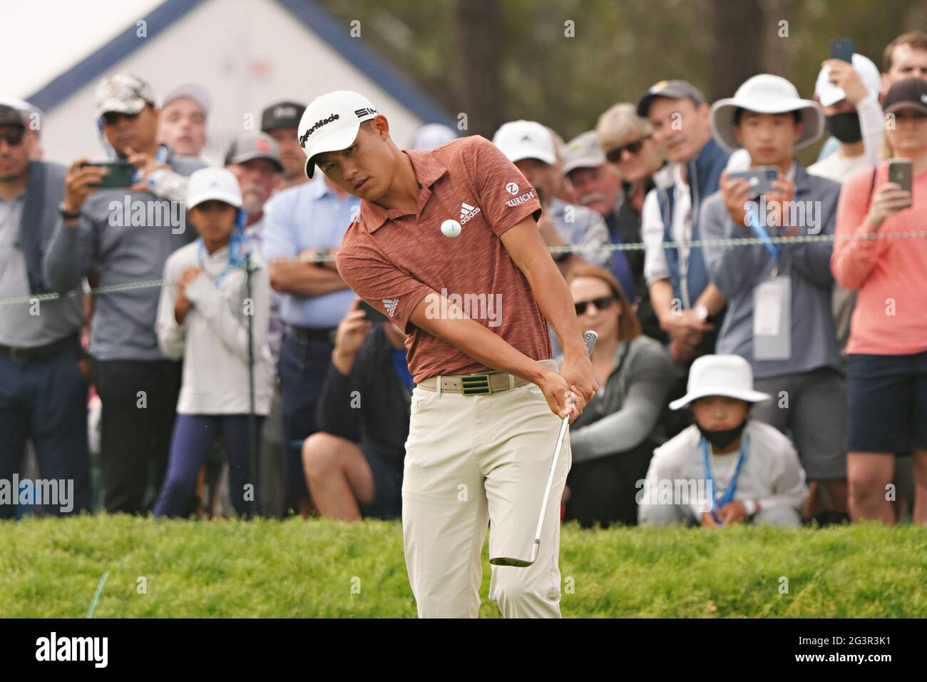 San Diego, United States. 17th June, 2021. Collin Morikawa of the USA, chips a bunker shot on the tenth hole during the first day of competition at the 121st US Open Championship at Torrey Pines Golf Course in San Diego, California on Thursday, June 17, 2021. Photo by Richard Ellis/UPI Credit: UPI/Alamy Live News Stock Photo