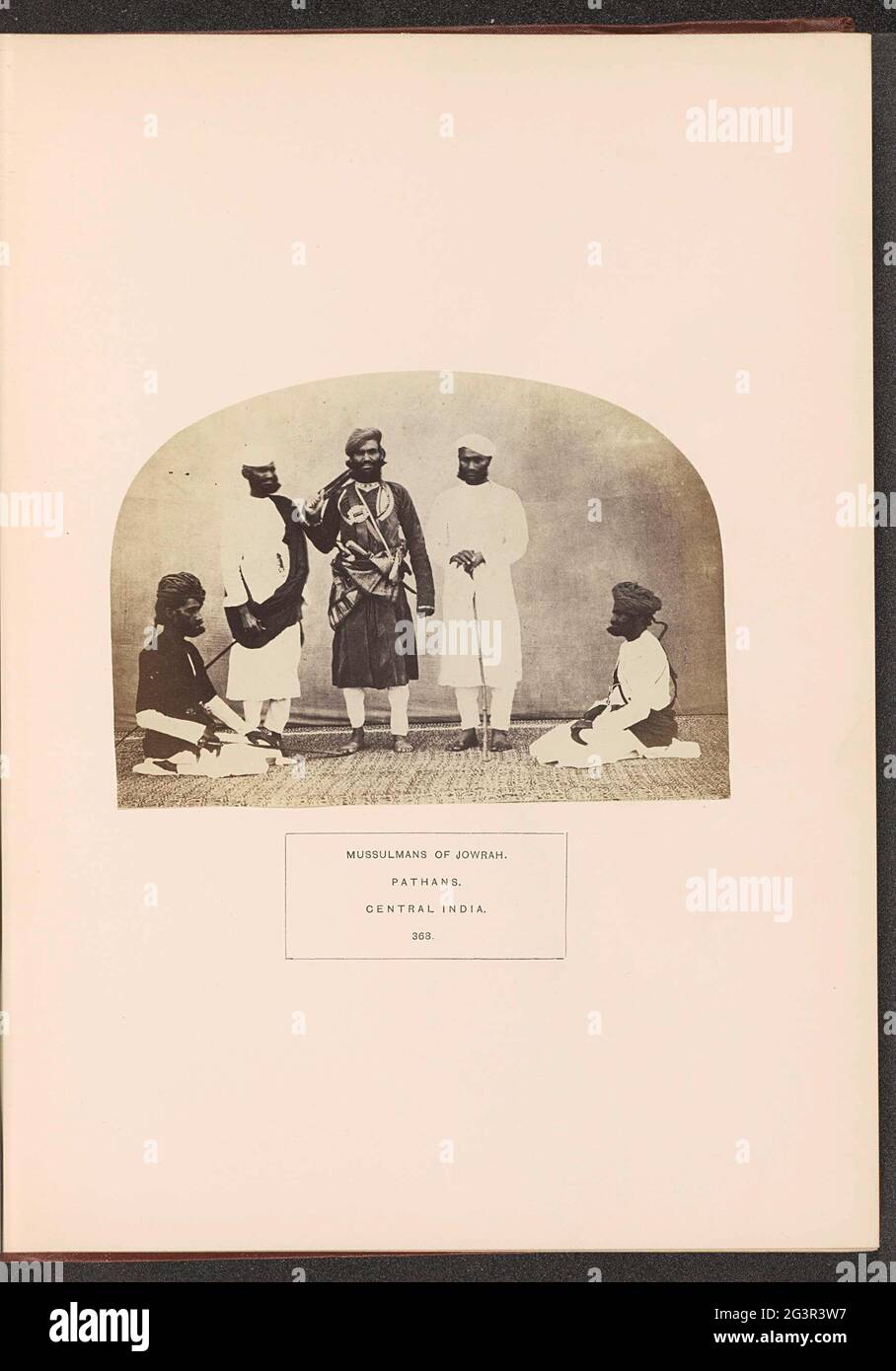 Portrait of an unknown military commander with four servers and soldiers; Mussulmans or Jowrah. Pathans. Central India. . Stock Photo
