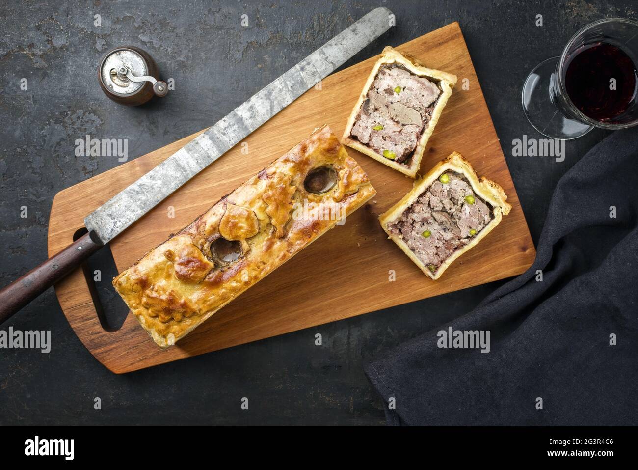 Traditional French Pate en croute with goose meat and liver as top view