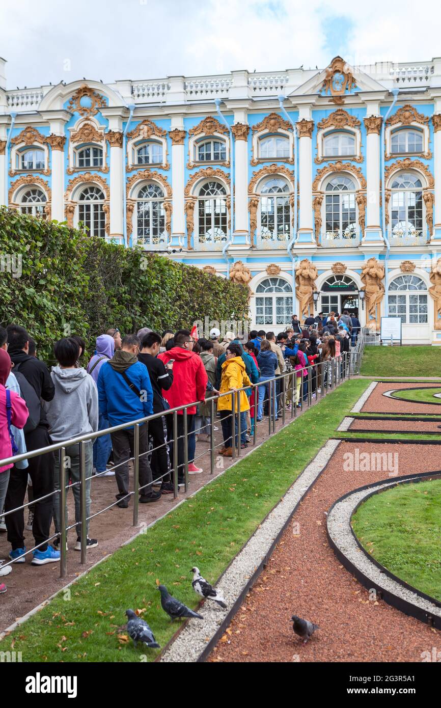 Pushkin town, St. Petersburg, Russiacirca Aug, 2019 Visitors stand in