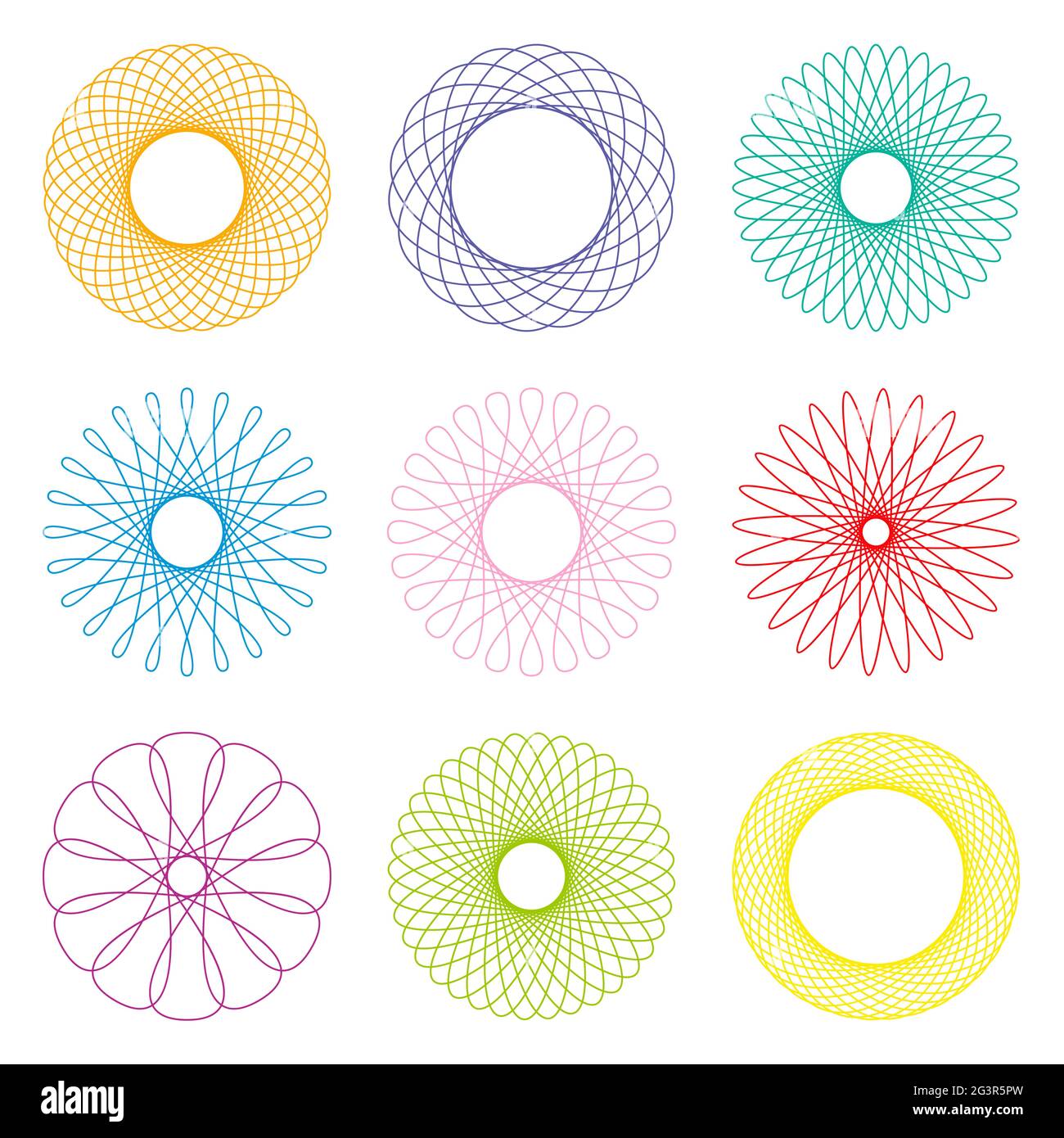 Colored patterns like spirograph drawings - illustration on white background. Stock Photo