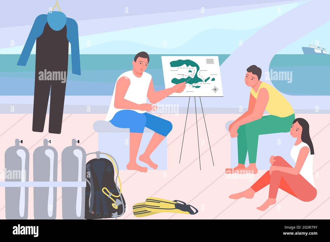 Dive instructor giving a dive briefing to a group of tourists in a boat