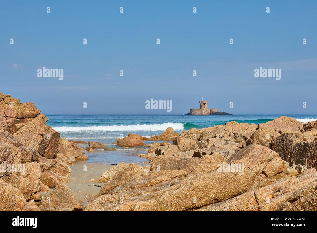 Image of Rocco Tower at St Ouens Bay, Jersey CI Stock Photo