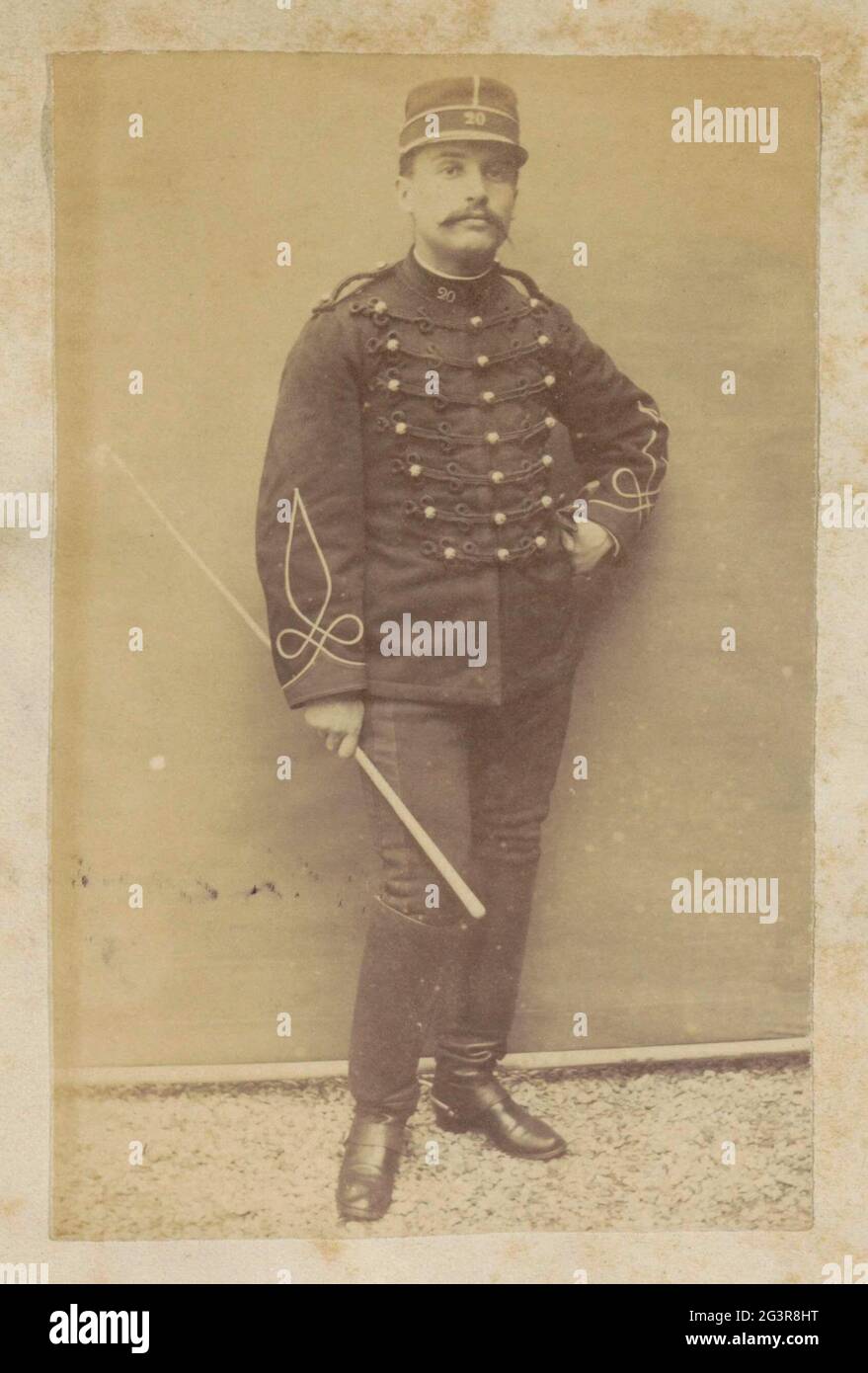 Portrait of an unknown French soldier, standing with saber in hand