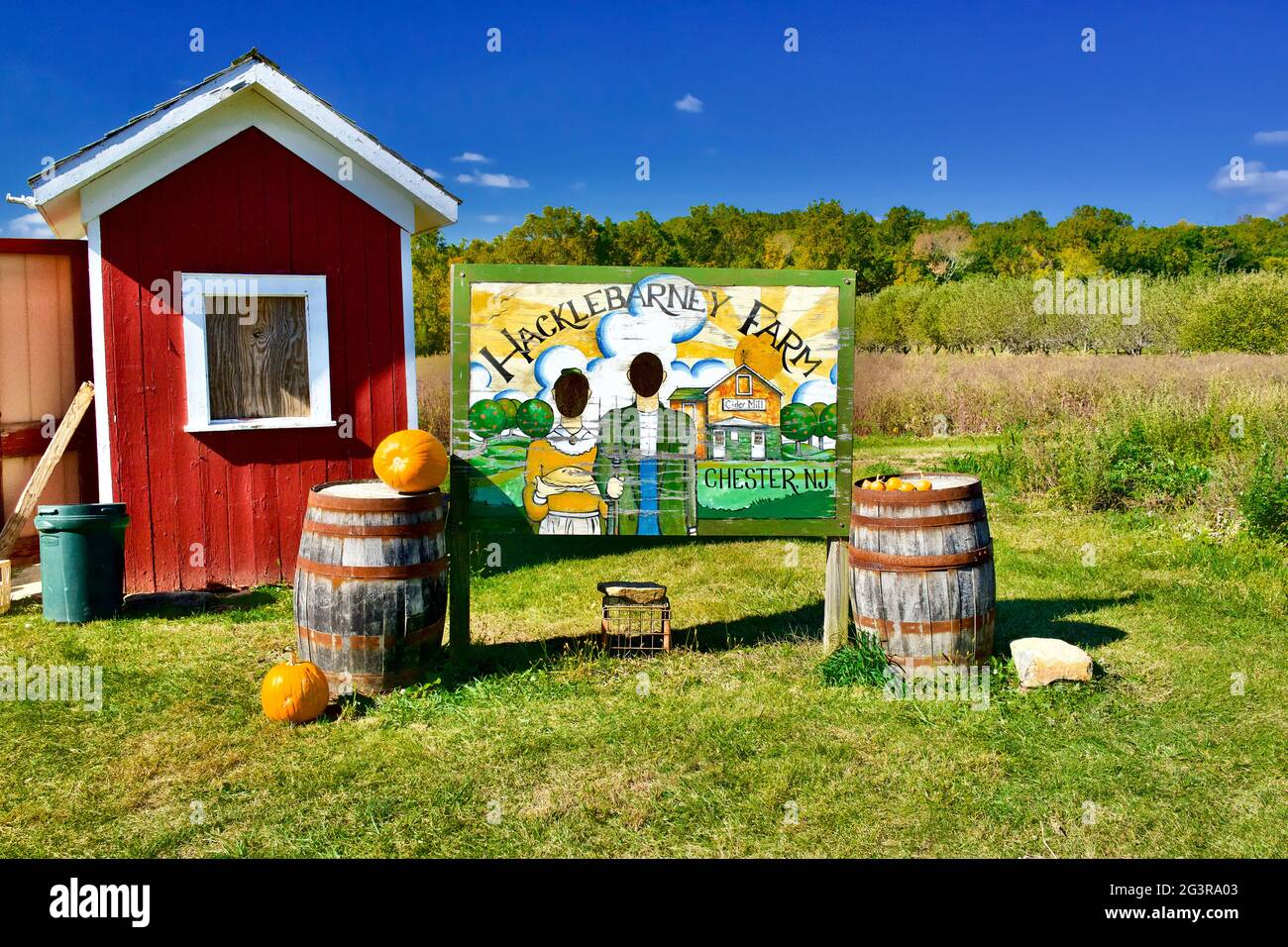 A photo stand-in board for two people to make you look like American Gothic farmers.Hacklebarney Farm, Chester New Jersey, USA.  Seasonal farm Stock Photo