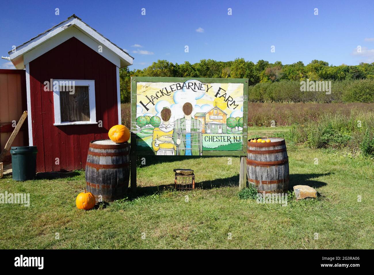 A photo stand-in board for two people to make you look like American Gothic farmers.Hacklebarney Farm, Chester New Jersey, USA.  Seasonal farm Stock Photo
