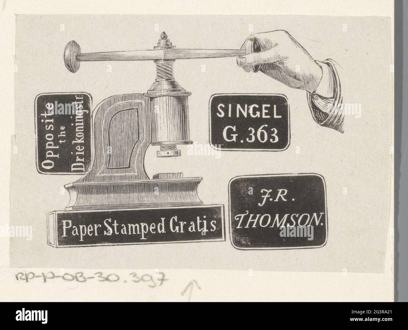 from J.R. Thomson in Amsterdam. A hand operates a paper stamp