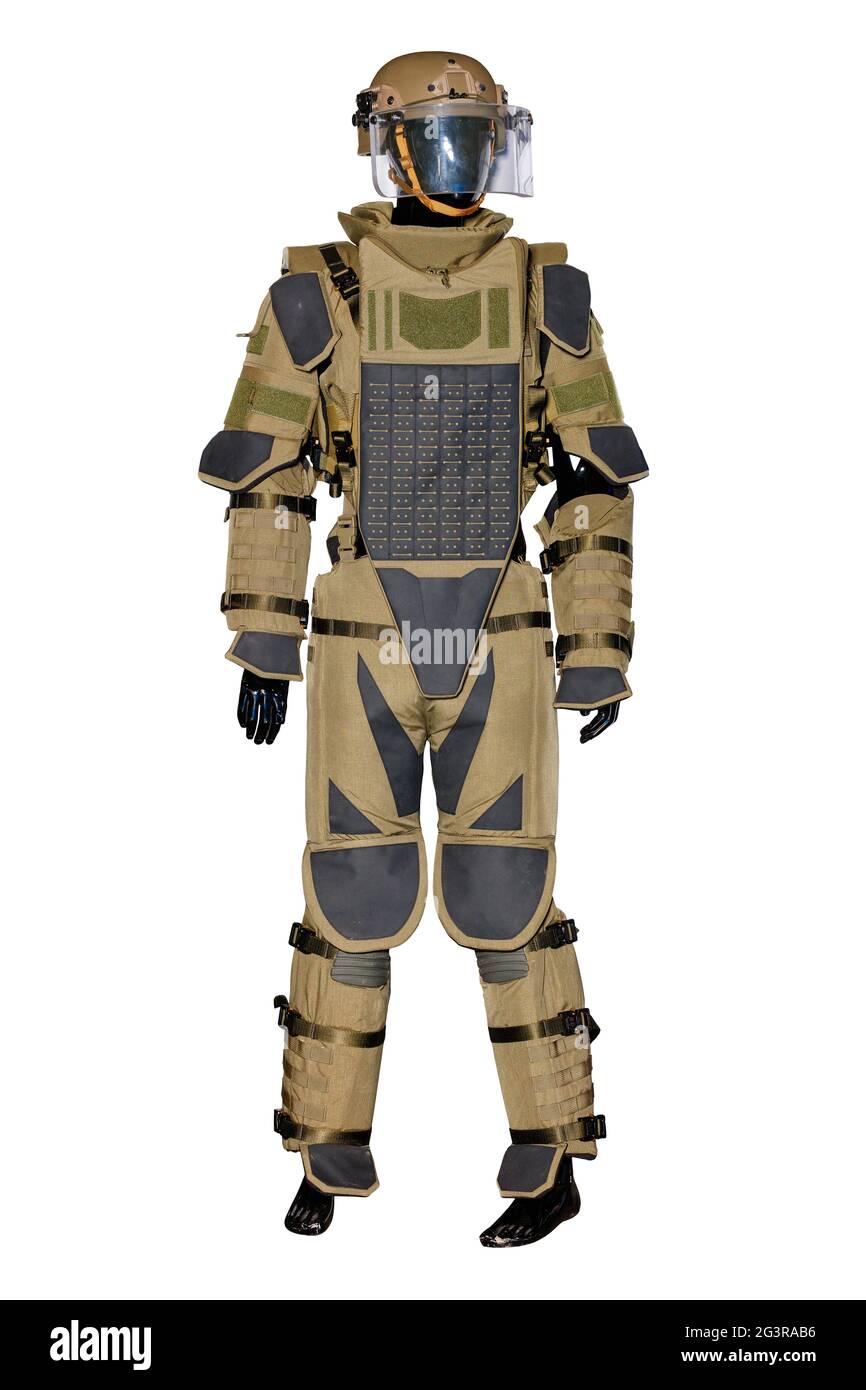 Mannequin with with a military protective camouflage suit and ammunition for mine action. Vertical image isolated on white background. Stock Photo