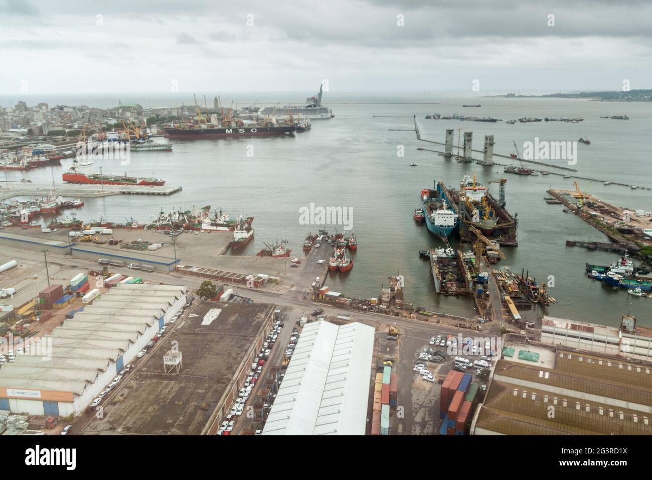 MONTEVIDEO, URUGUAY - FEB 19, 2015: Aerial view of a port in Montevideo, Uruguay Stock Photo