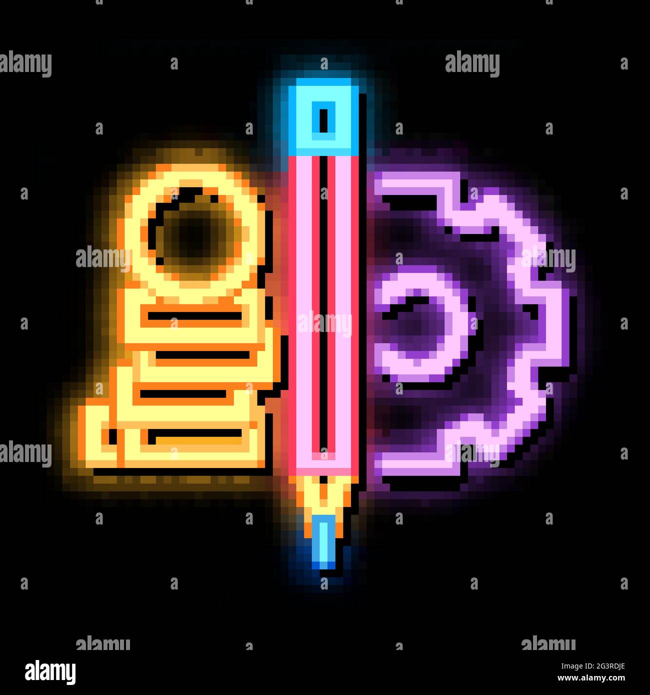 coin heap pen and mechanical gear neon glow icon illustration Stock Vector