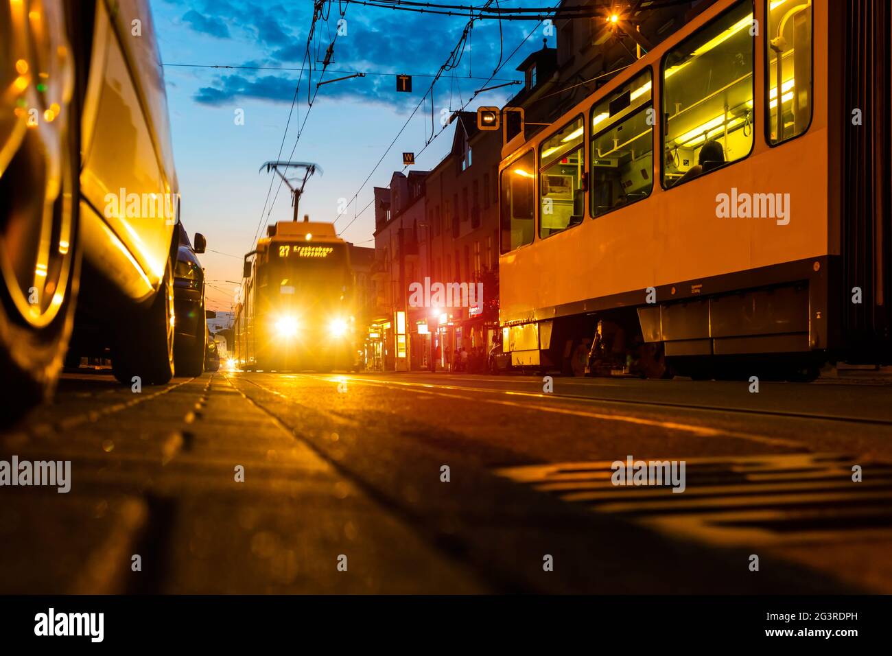 Berlin Tram at evening, City lights, moody night Stock Photo