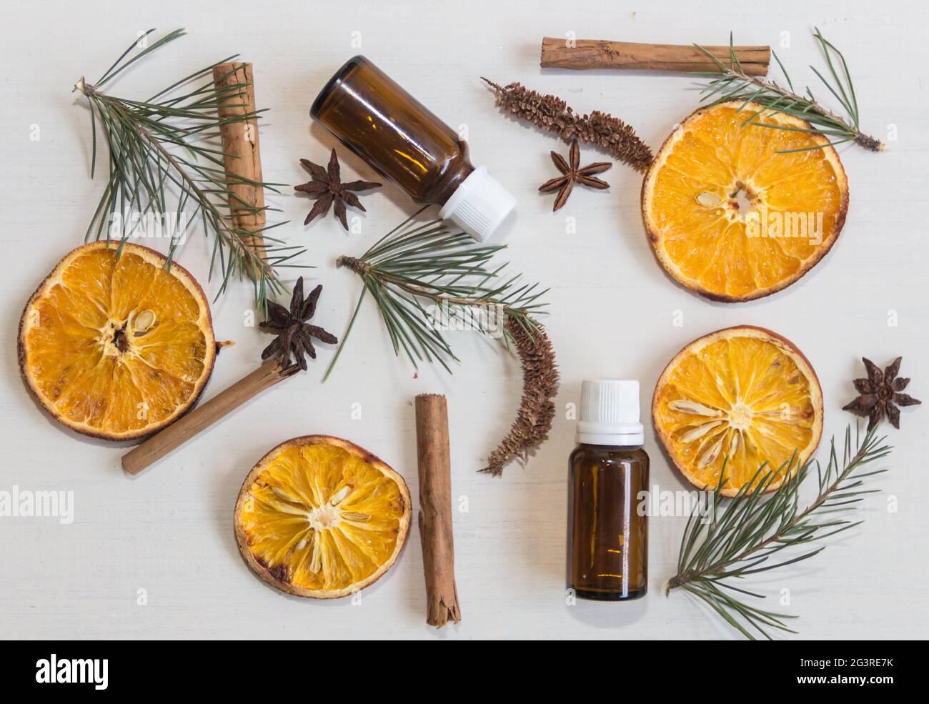 Top view bottles and ingredients. Background Stock Photo